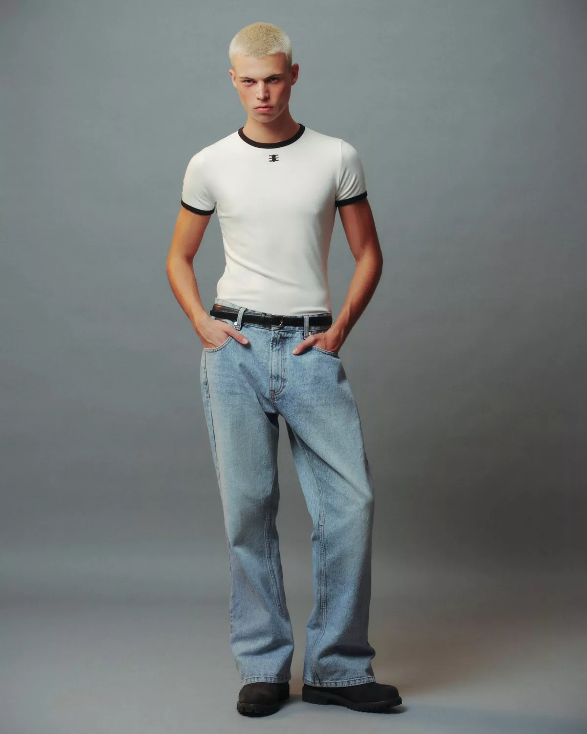 Eleven - Áo Thun Unisex Viền Tương Phản Thêu Mono | Màu Trắng Viền Đen