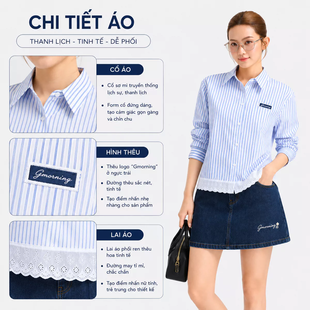 Áo Sơ Mi Nữ Gmorning - GUMAC Form Boxy Tay Dài Lai Phối Ren Nữ Tính Tinh Tế YAG05031