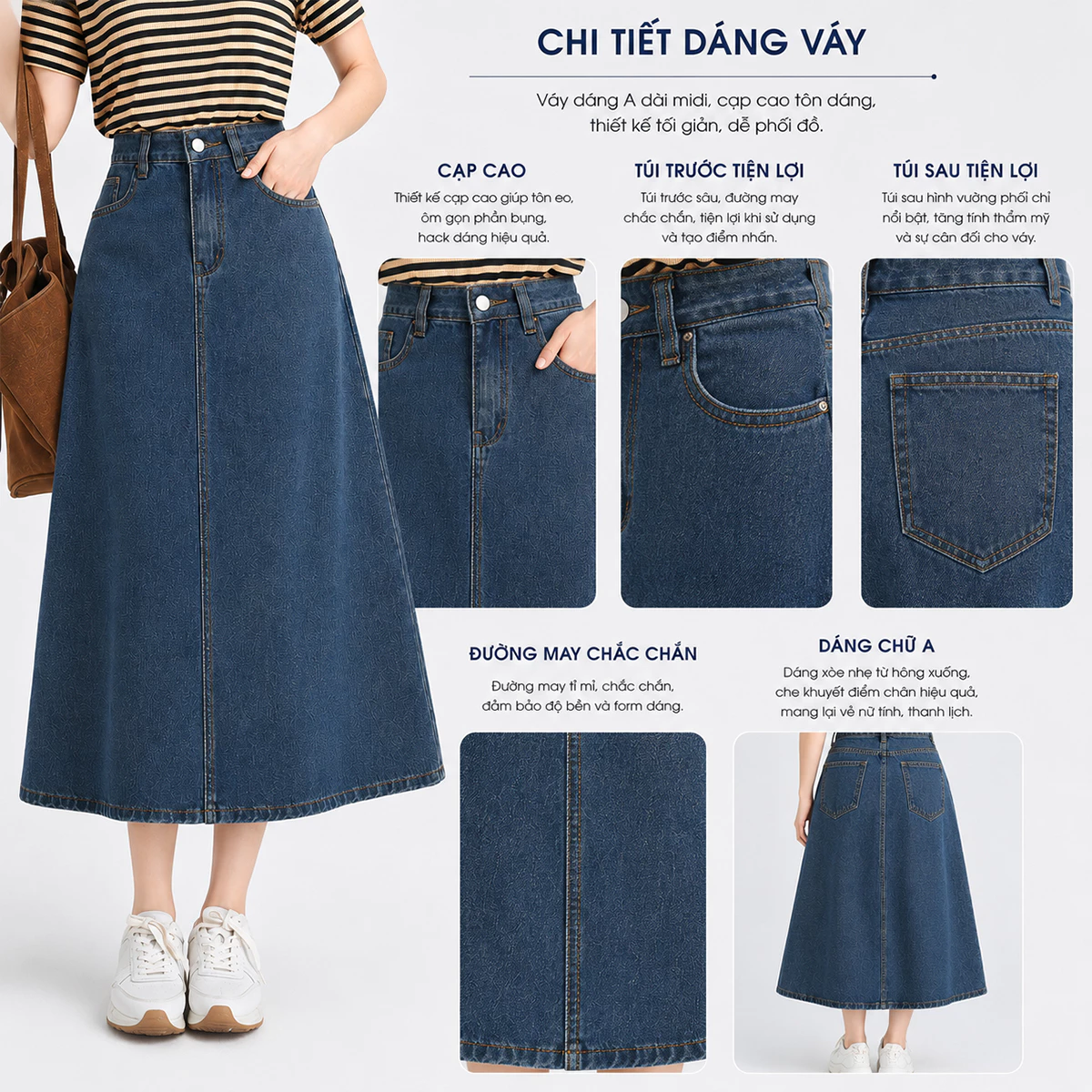 Chân Váy Jeans Gmorning - GUMAC Form A Tôn Dáng Túi Mổ Hàm Ếch Thanh Lịch YVJF01071 - YVG07102