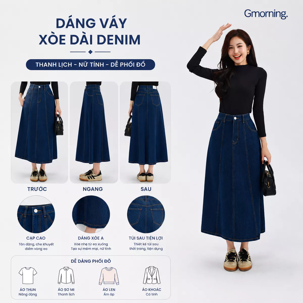 Chân váy jeans GUMAC - Gmorning denim form A midi cách điệu thân trước có túi hàm ếch YVJG04010