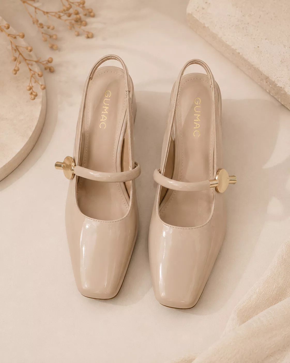 Giày Cao Gót GUMAC Gót Vuông 4cm Da PU Bóng Quai Ngang Thời Trang GG05066