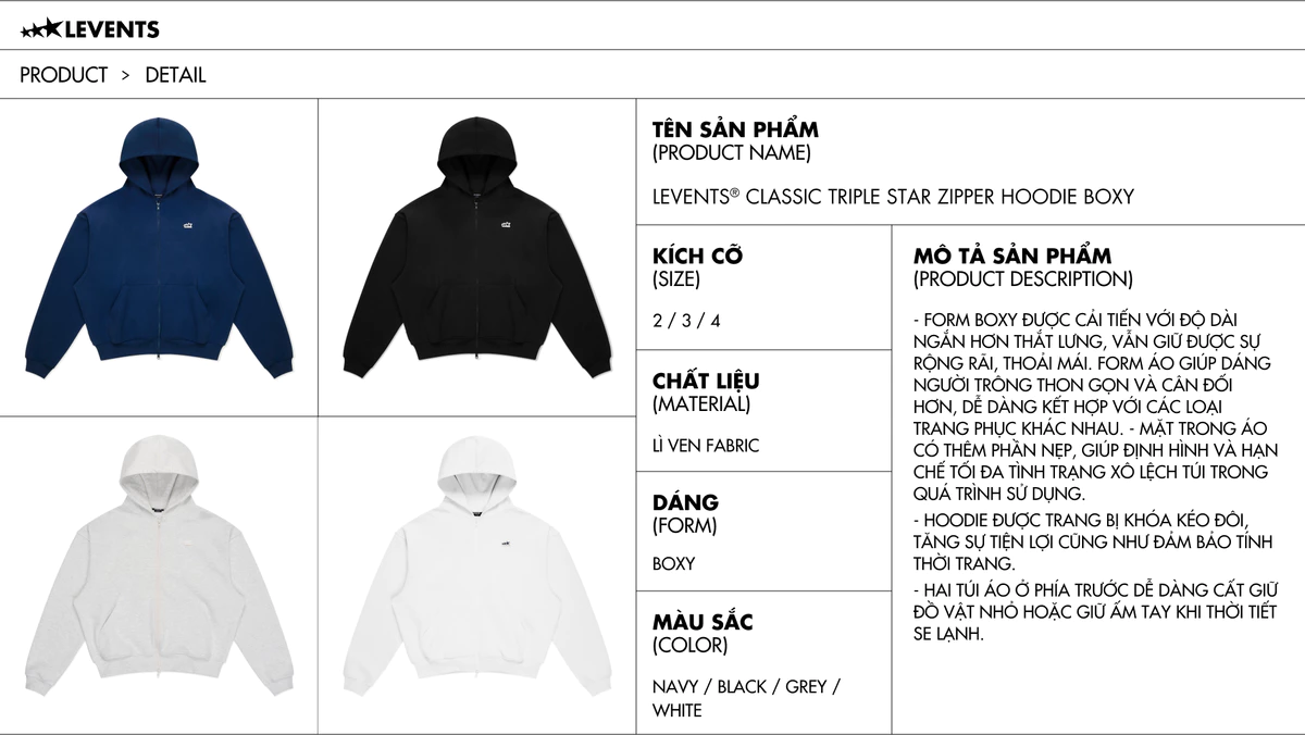 Áo Hoodie Levents Classic Triple Star Zipper Boxy