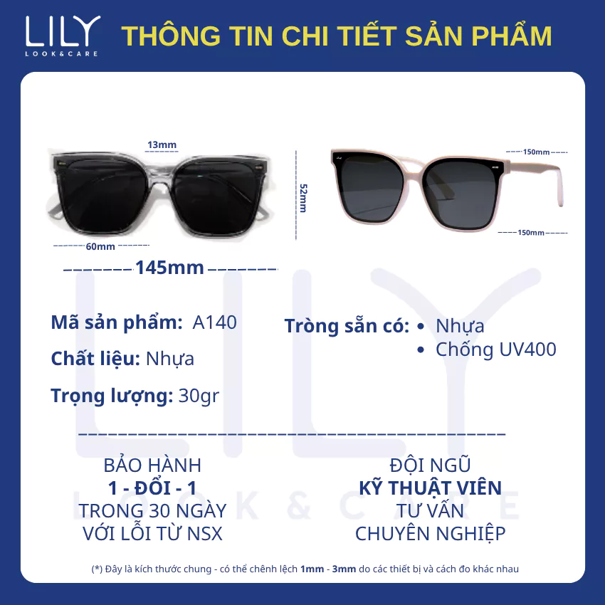 Kính mát nam nữ LILYEYEWEAR chất liệu nhựa cao cấp chống UV400 kiểu dáng và màu sắc thời trang A140.24