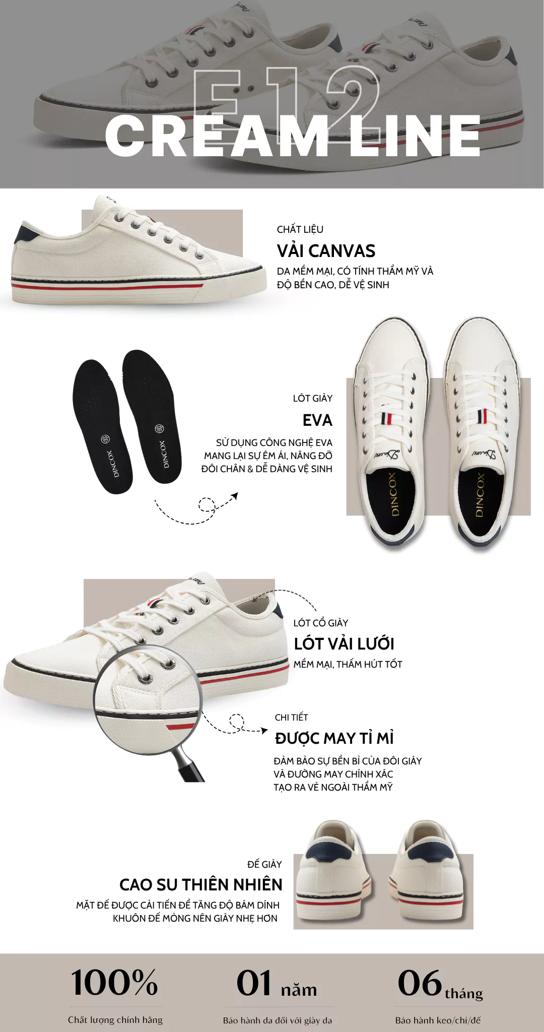 Giày Sneaker Nam Nữ Cổ Thấp Canvas DINCOX E12 CREAM LINE - Giày Vải Unisex Thời Trang Basic