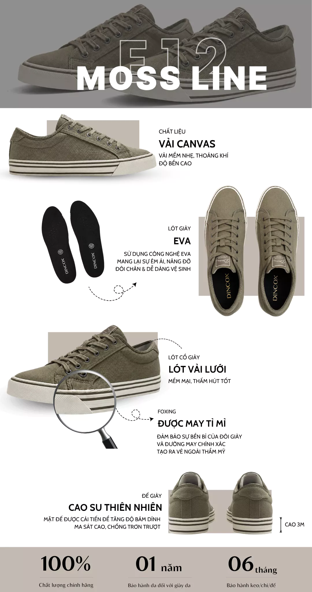 Giày Sneaker Nam Cổ Thấp Canvas DINCOX E12 MOSS LINE - Giày Vải Unisex Thời Trang Basic