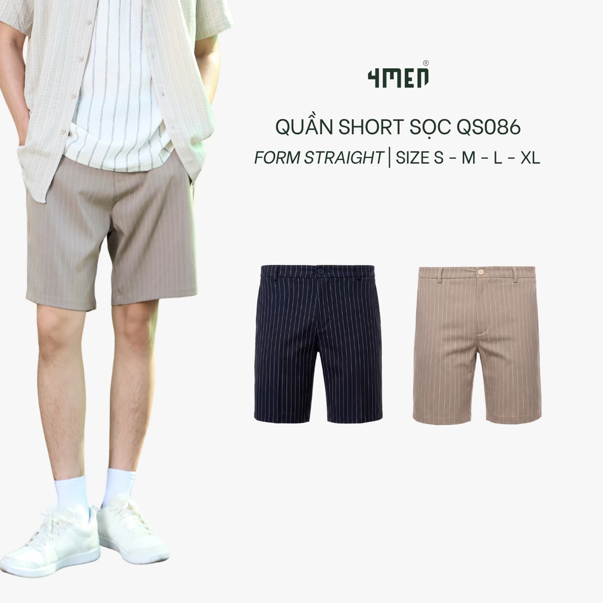 Quần Short Sọc 4MEN Form Straight QS086 Năng Động, Trẻ Trung