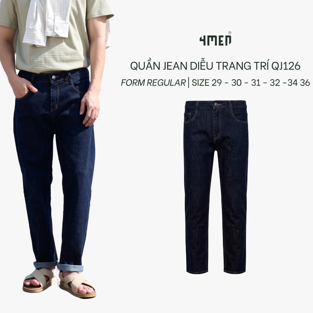 Quần Jean 4MEN Diễu Trang Trí Thêu Logo 3 Sọc Form Regular QJ126 Phong Cách Năng Động, Trẻ Trung