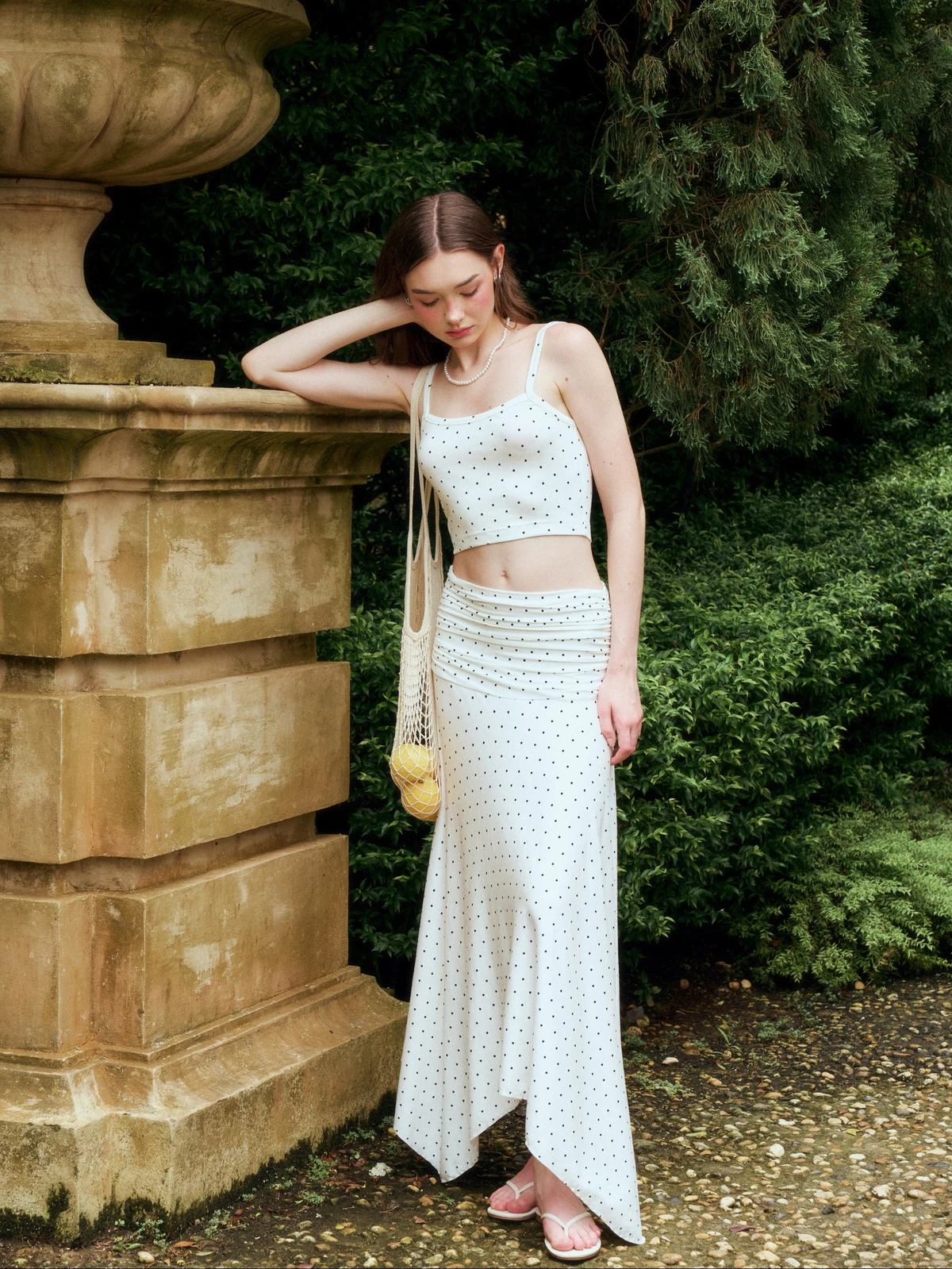 Nosbyn - Chân Váy Dài Thun Chấm Bi Nhún Eo - Dottie Flouncy Skirt