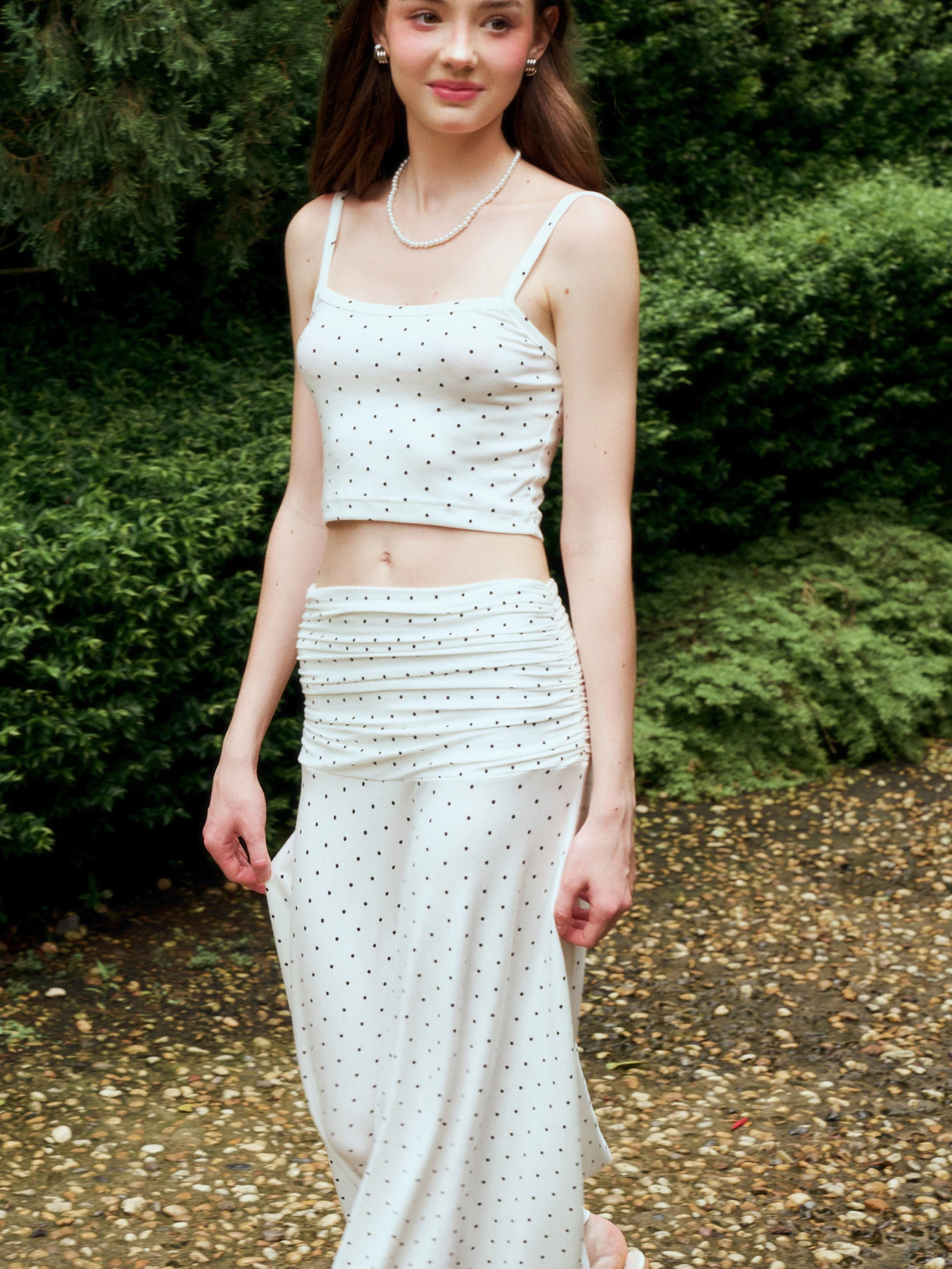 Nosbyn - Chân Váy Dài Thun Chấm Bi Nhún Eo - Dottie Flouncy Skirt