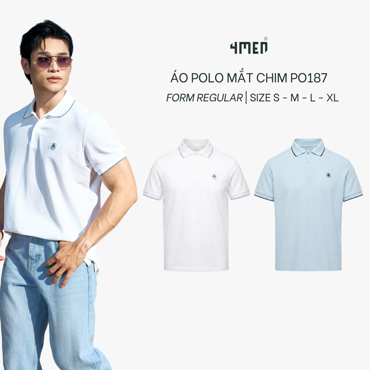 Áo Polo Mắt Chim 4MEN Thêu Logo Con Thuyền Form Regular PO187 Tay Ngắn, Form Gọn Gàng, Nam Tính Lịch Sự