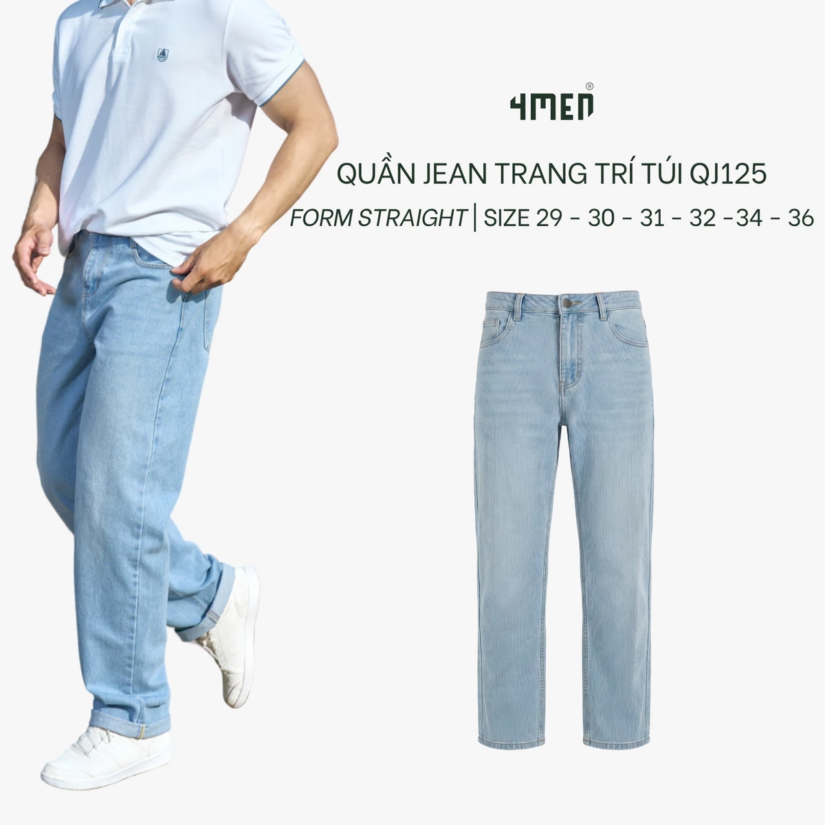 Quần Jean 4MEN Trang Trí Túi Form Straight QJ125 Thanh Lịch, Phong Cách Trẻ Trung, Hiện Đại