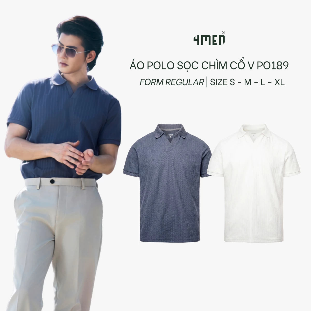 Áo Polo Sọc Chìm Cổ V 4MEN Form Regular PO189 Vải Thun Vân, Thanh Lịch, Thoáng Mát