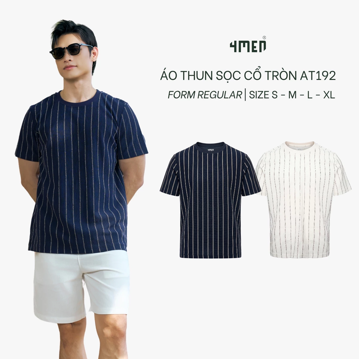Áo Thun Sọc Cổ Tròn 4MEN Thêu Cánh Buồm Form Regular AT192 Vải Thun Vân, Gọn Gàng, Thanh Lịch