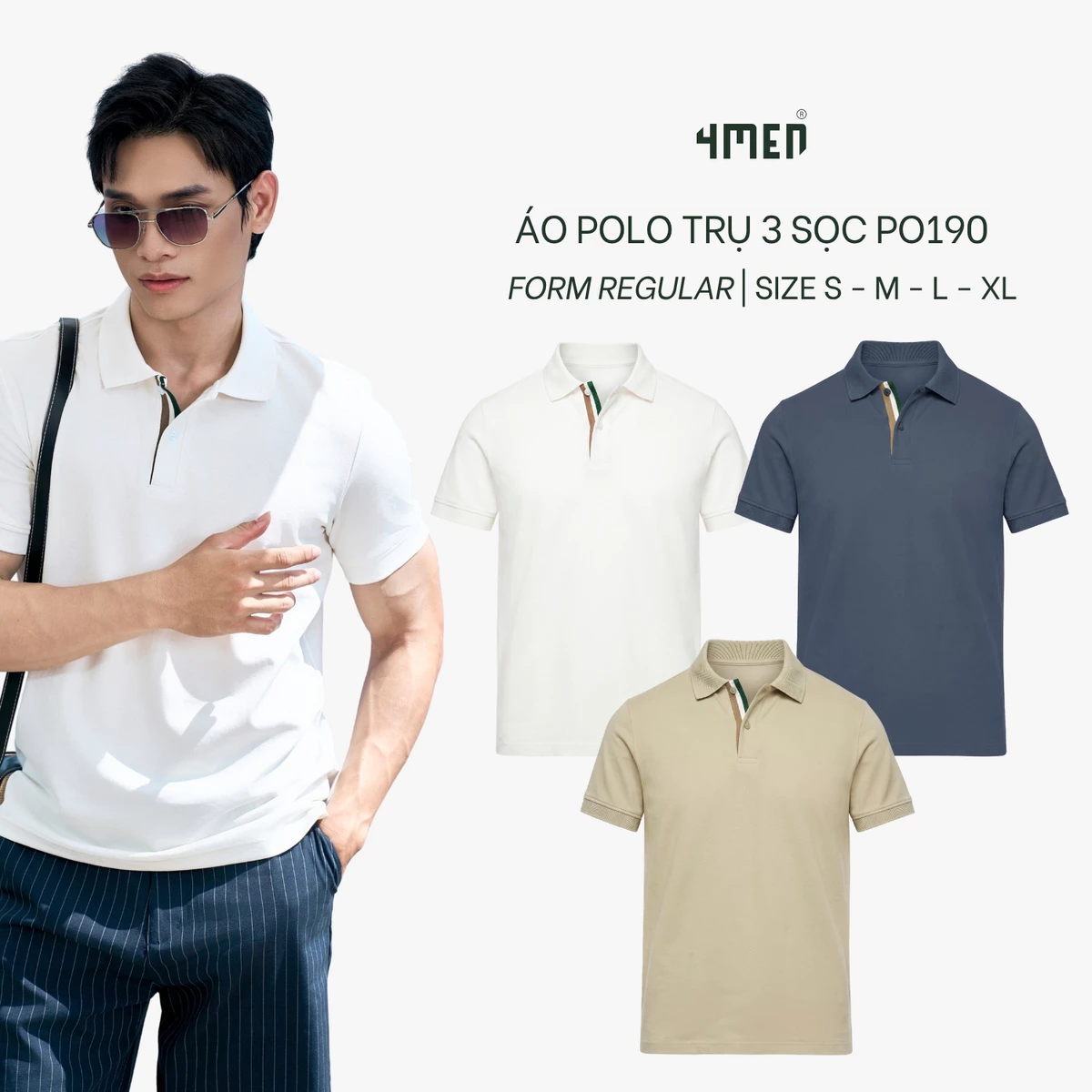 Áo Polo Trụ 3 Sọc 4MEN Form Regular PO190 Vải Thun Singel Jersey, Basic Nam Tính, Thanh Lịch