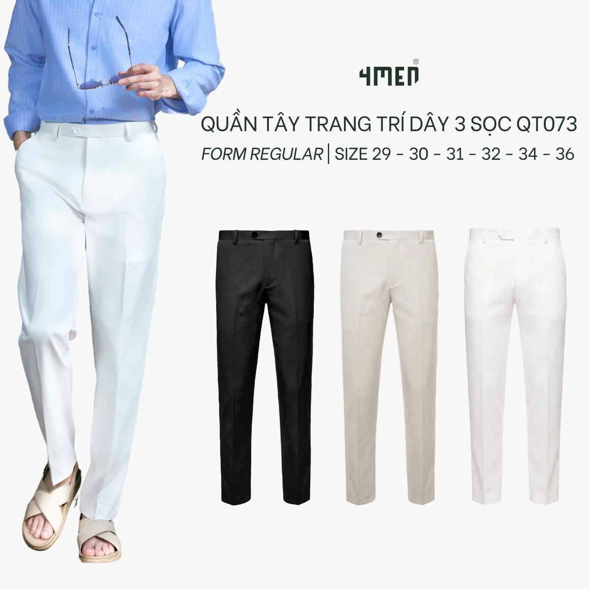 Quần Tây Trang Trí Dây 3 Sọc 4MEN Form Regular QT073 Thoáng Mát, Thanh Lịch