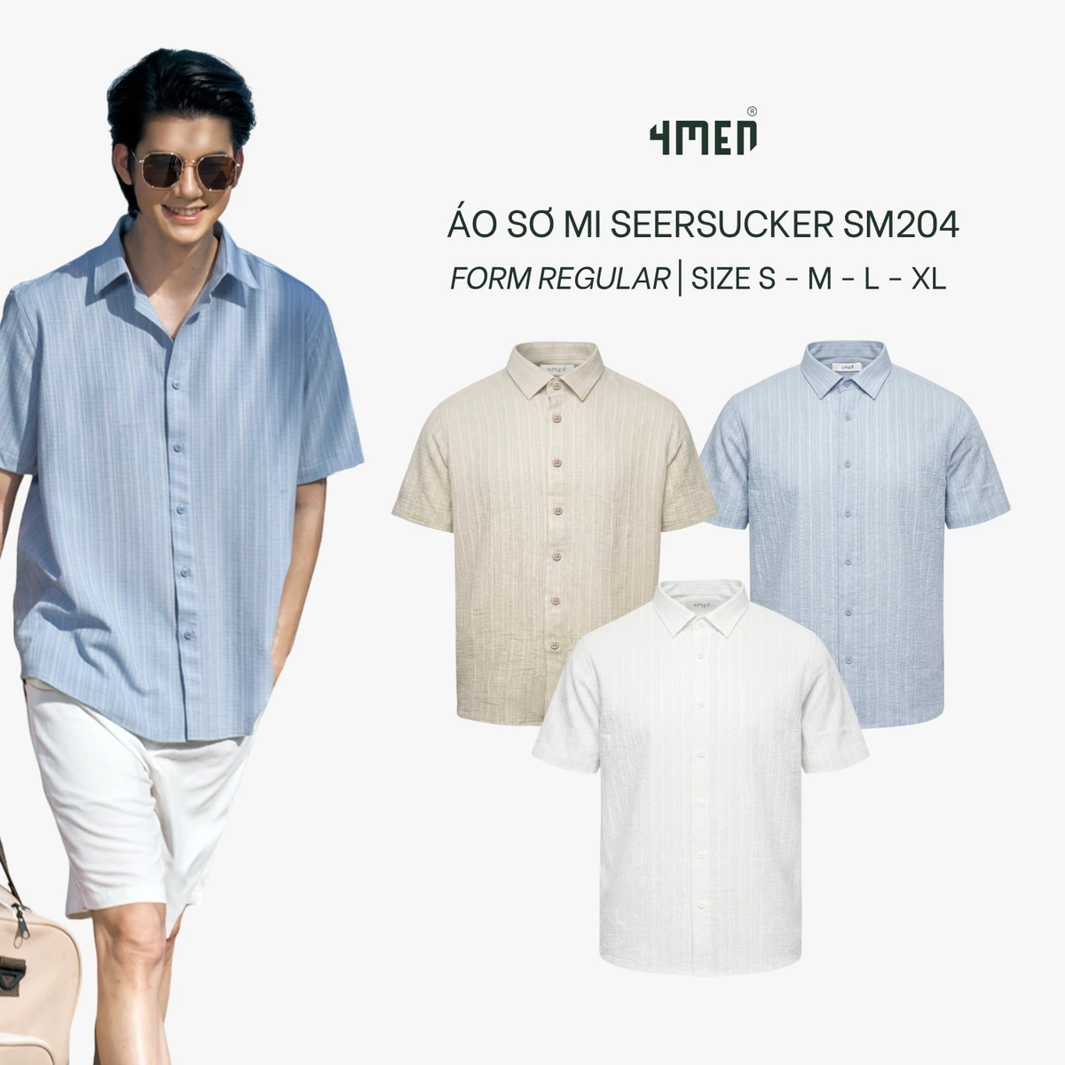 Áo Sơ Mi Seersucker Ngắn Tay 4MEN Form Regular SM204 Gọn Gàng, Lịch Sự, Thanh Lịch