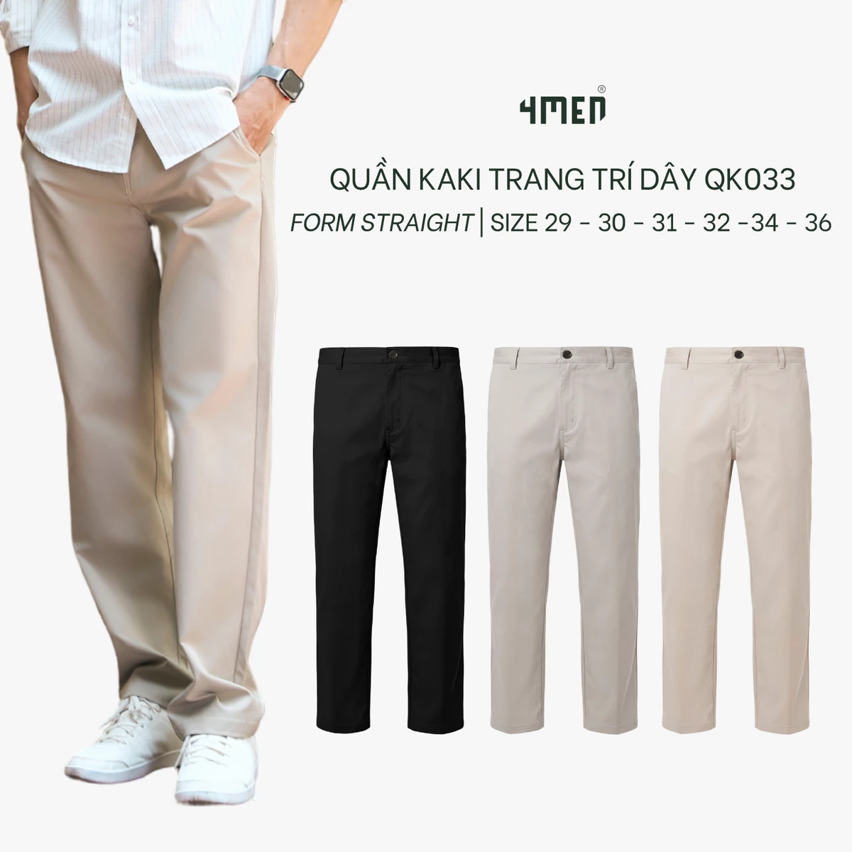 Quần Kaki 4MEN Trang Trí Dây 3 Sọc Form Straight QK033 Chỉn Chu Thanh Lịch