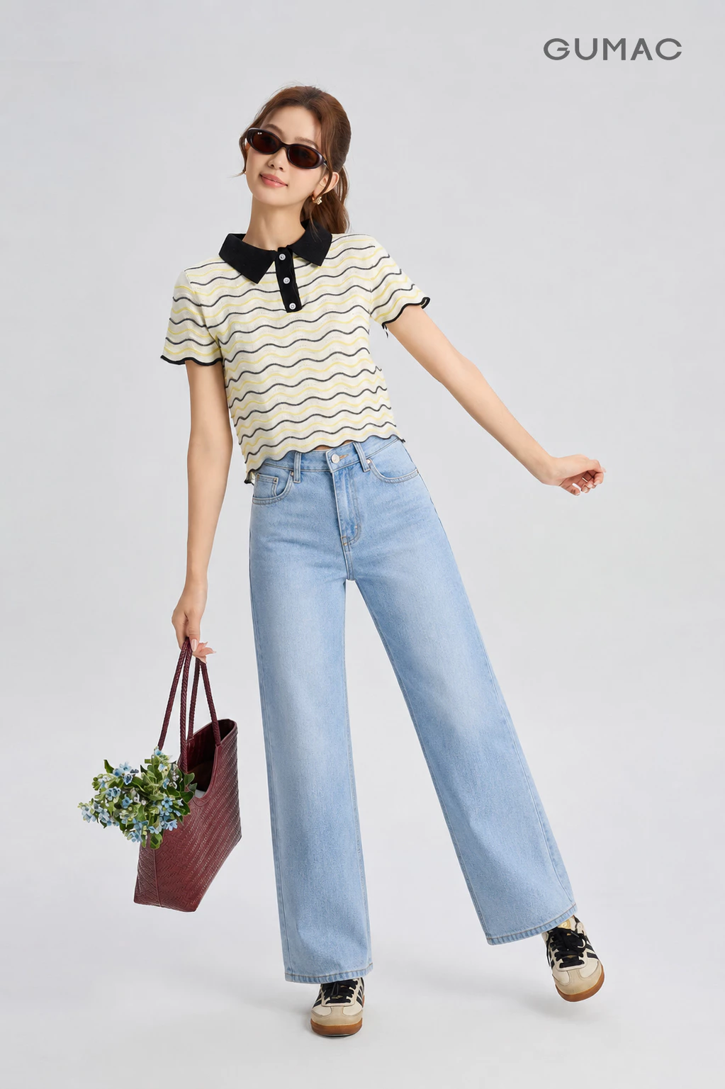 Quần Jeans Suông Nữ Gmorning - GUMAC Dài 95cm Denim Thêu Gmor Xanh Nhạt Tôn Dáng YQJE10080
