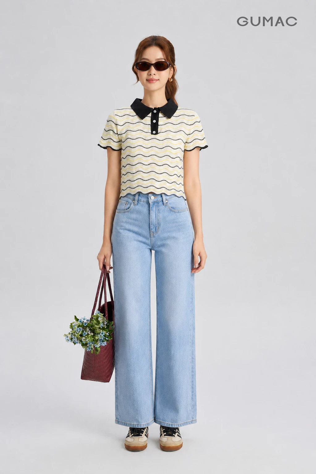 Quần Jeans Suông Nữ Gmorning - GUMAC Dài 95cm Denim Thêu Gmor Xanh Nhạt Tôn Dáng YQJE10080