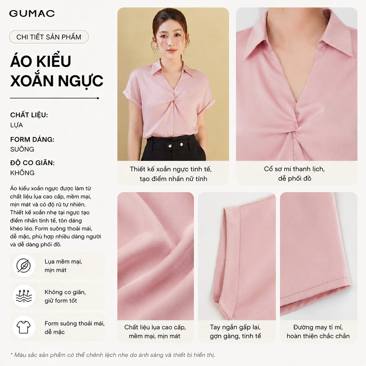 Áo Sơ Mi Nữ GUMAC Tay Ngắn Xoắn Ngực Chất Lụa Mềm Mát Thoải Mái Cả Ngày LAG05074