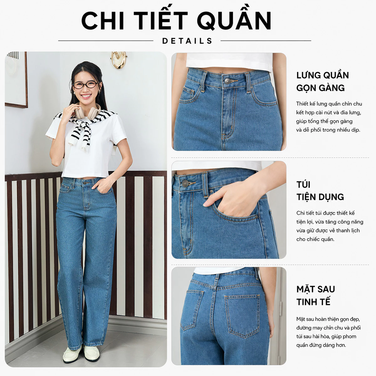 Quần Jeans Nữ Dáng Suông Vừa GUMAC Màu Xanh Đậm Tôn Dáng Chất Jeans Mềm Đứng Form LQJE1109