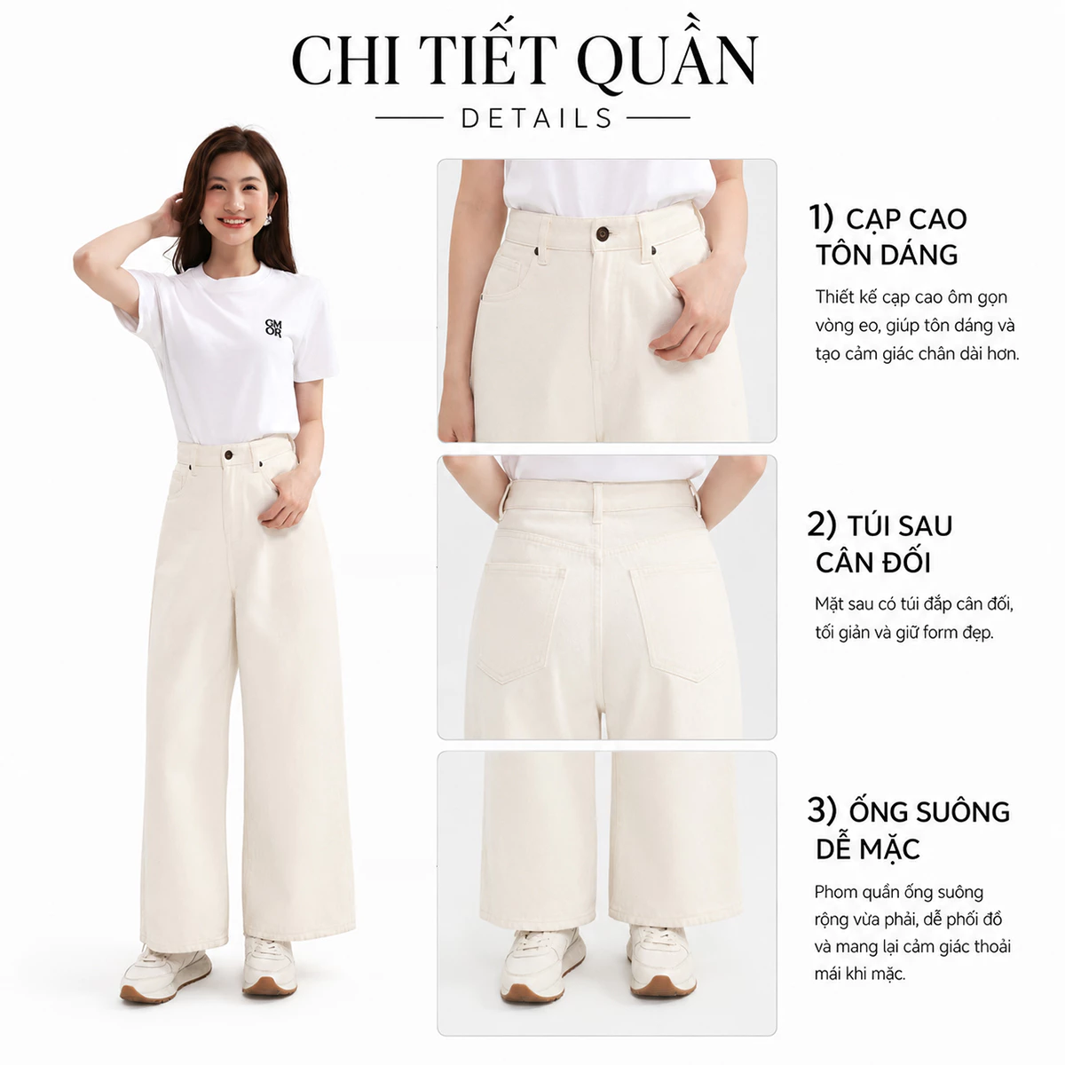Quần Jeans Nữ GUMAC Màu Trắng Form Suông Cạp Cao Tôn Dáng Túi Hàm Ếch Cá Tính LQJF1102