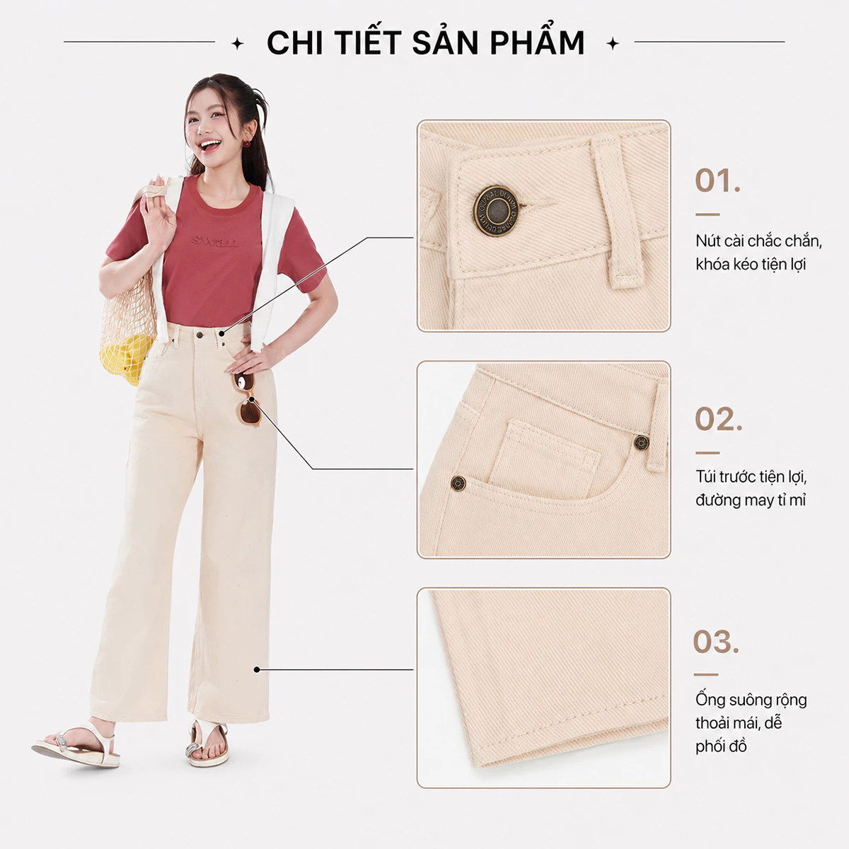 Quần Jeans Nữ GUMAC Suông Màu Be Denim Mềm Dày Dặn Thoáng Mát Thoải Mái LQJG06096