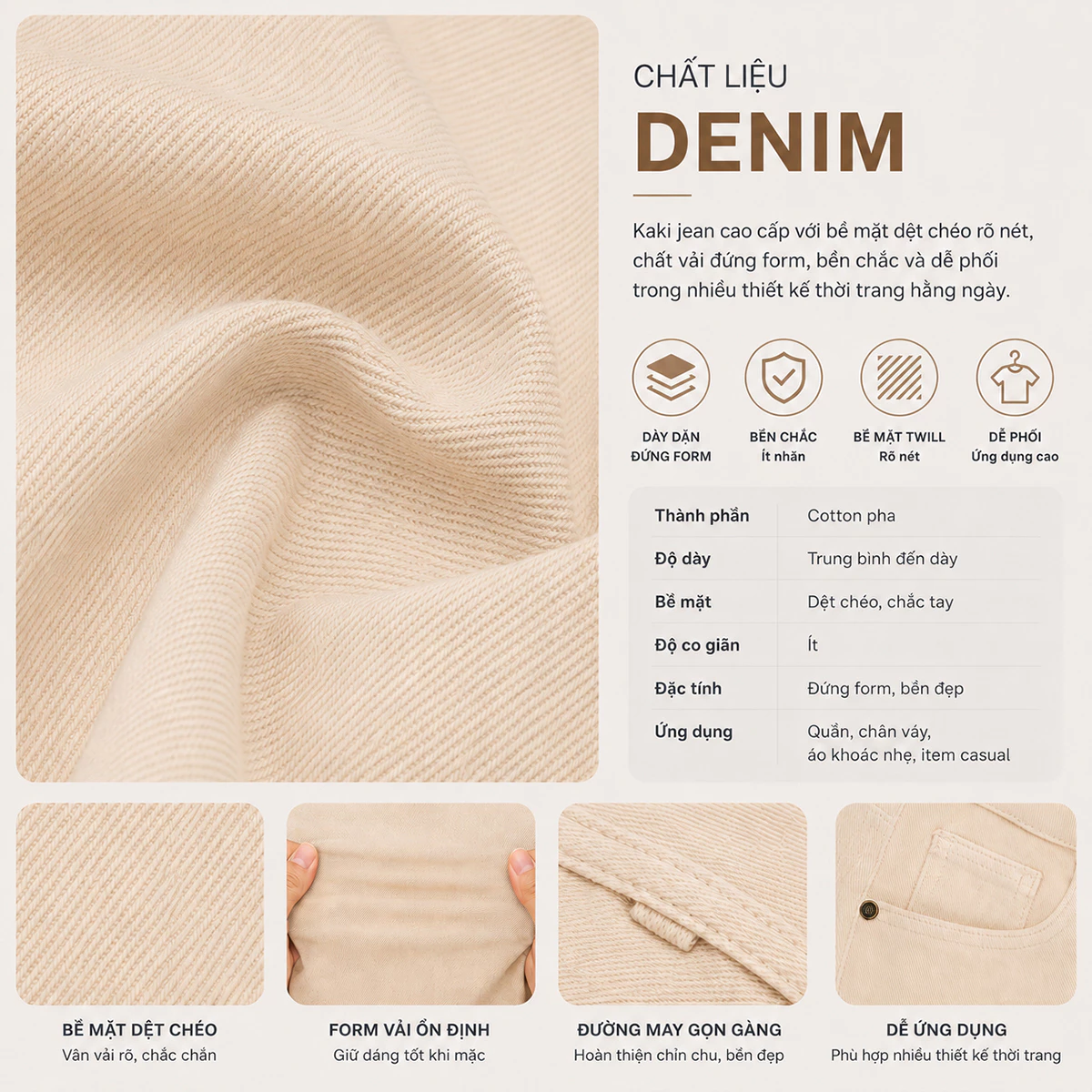 Quần Jeans Nữ GUMAC Suông Màu Be Denim Mềm Dày Dặn Thoáng Mát Thoải Mái LQJG06096