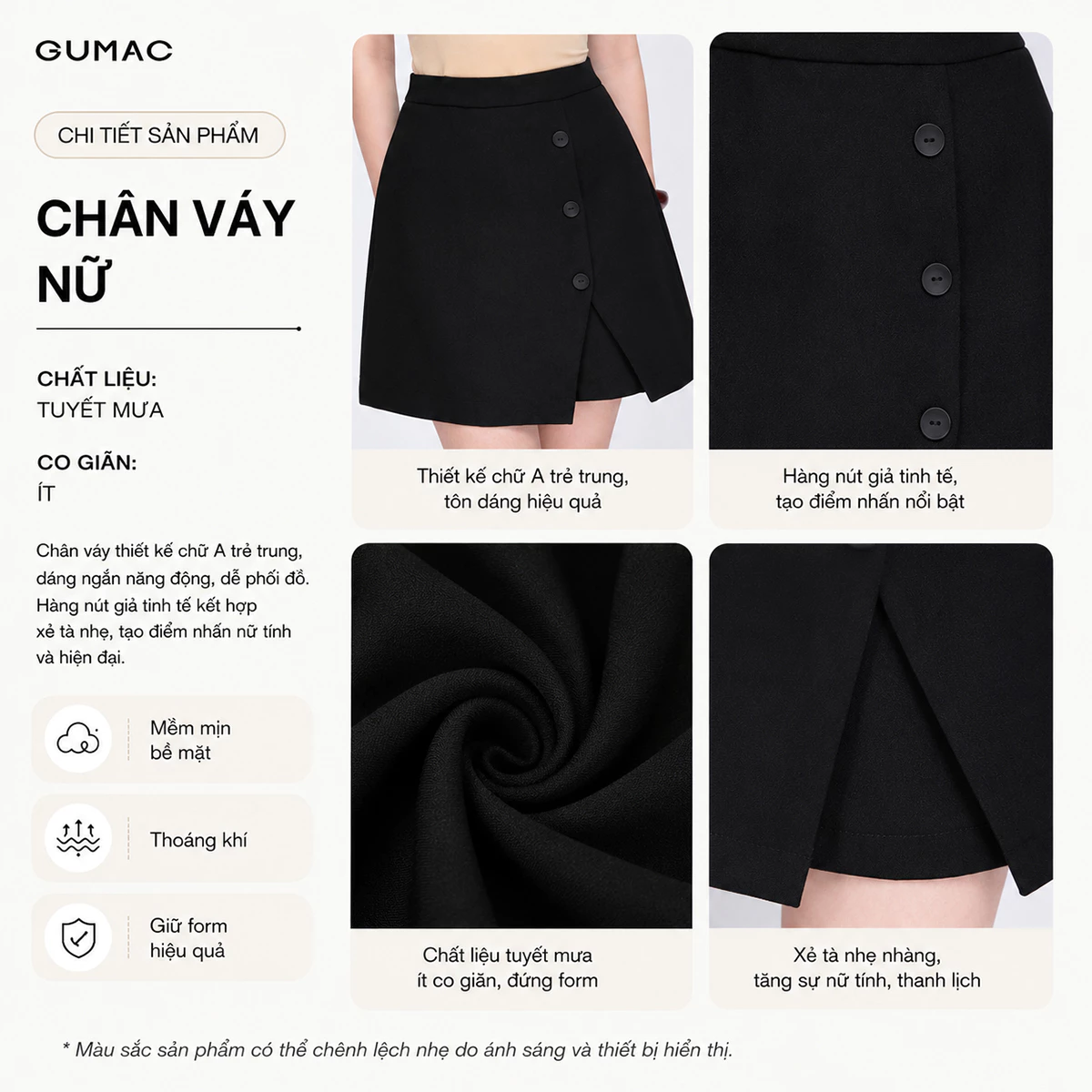 Quần Giả Váy Nữ GUMAC Quần Váy Công Sở Lưng Cao Vải Tuyết Mưa Xẻ Đắp Đính Nút Có Túi LSHF1201