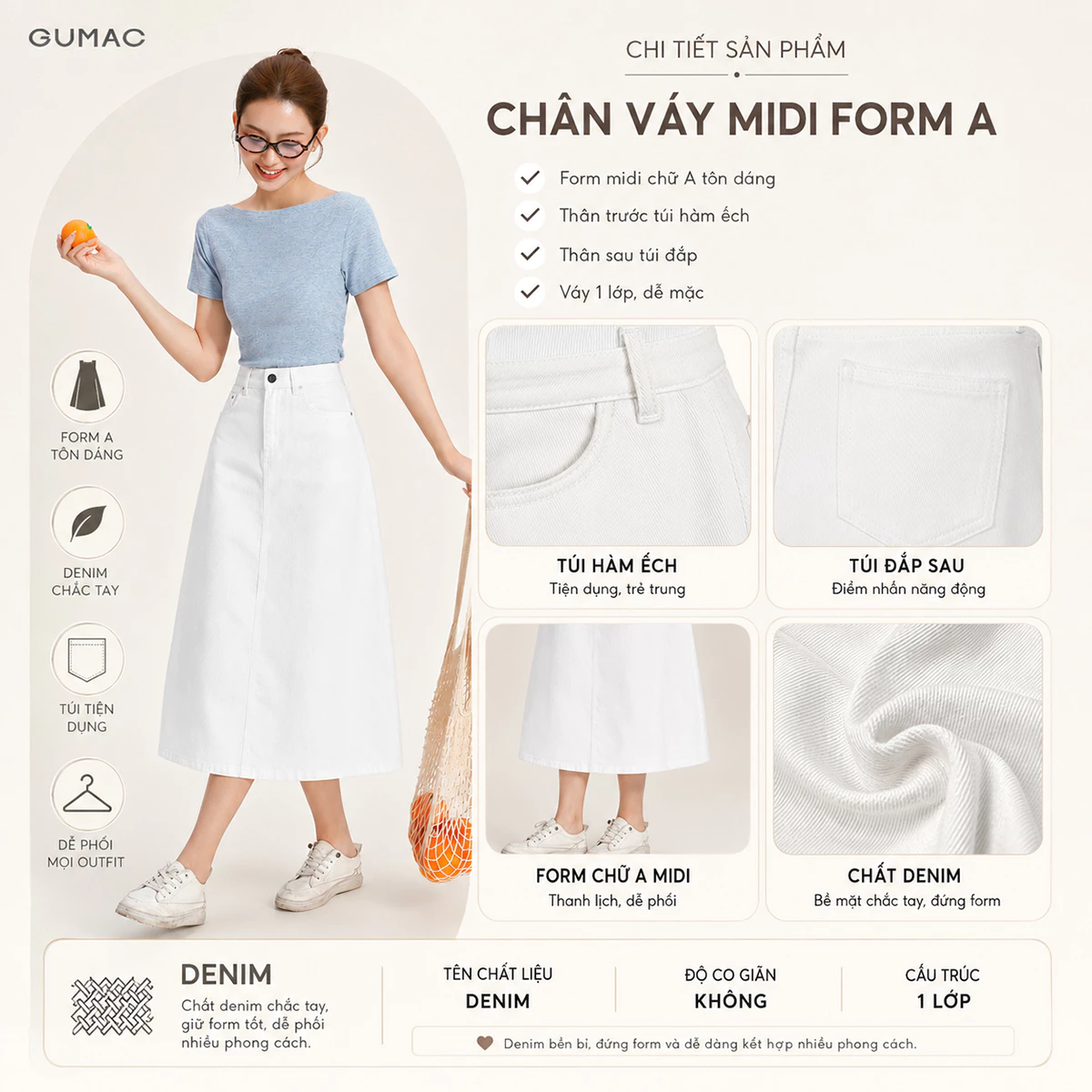 Chân Váy Jeans Nữ GUMAC Form A Dài Qua Gối Thanh Lịch Tôn Dáng Hiện Đại LVG06046