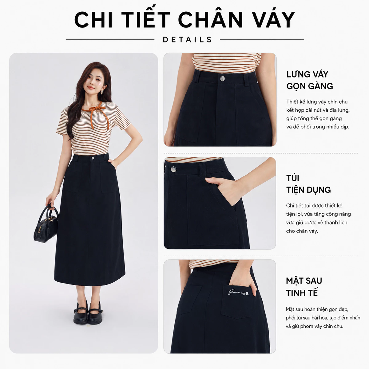Chân Váy Chữ A Dáng Dài GUMAC - Gmorning Chân Váy Kaki Midi Túi Vuông Tôn Dáng Cao Cấp YVF04060