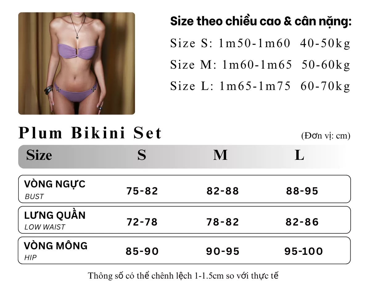 TSUN - Plum Bikini Set Đồ Bơi Màu Tím Móc Khoen Chữ U Trang Trí