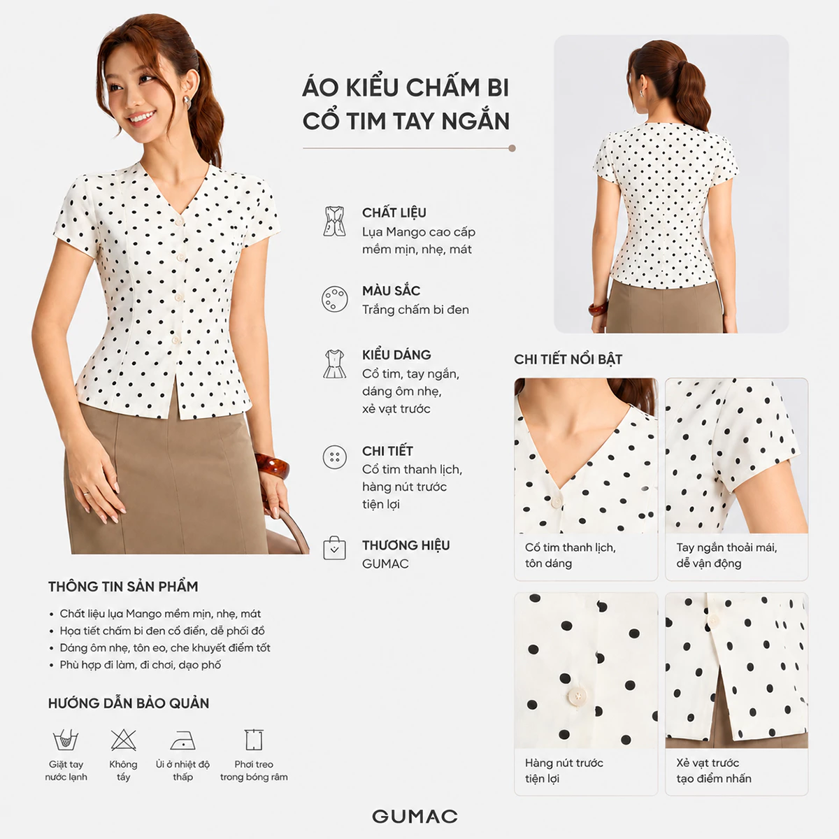 Áo Peplum Nữ GUMAC Áo Kiểu Cổ V Chấm Bi Xòe Nhẹ Tôn Eo Thanh Lịch Tôn Dáng LAG06044