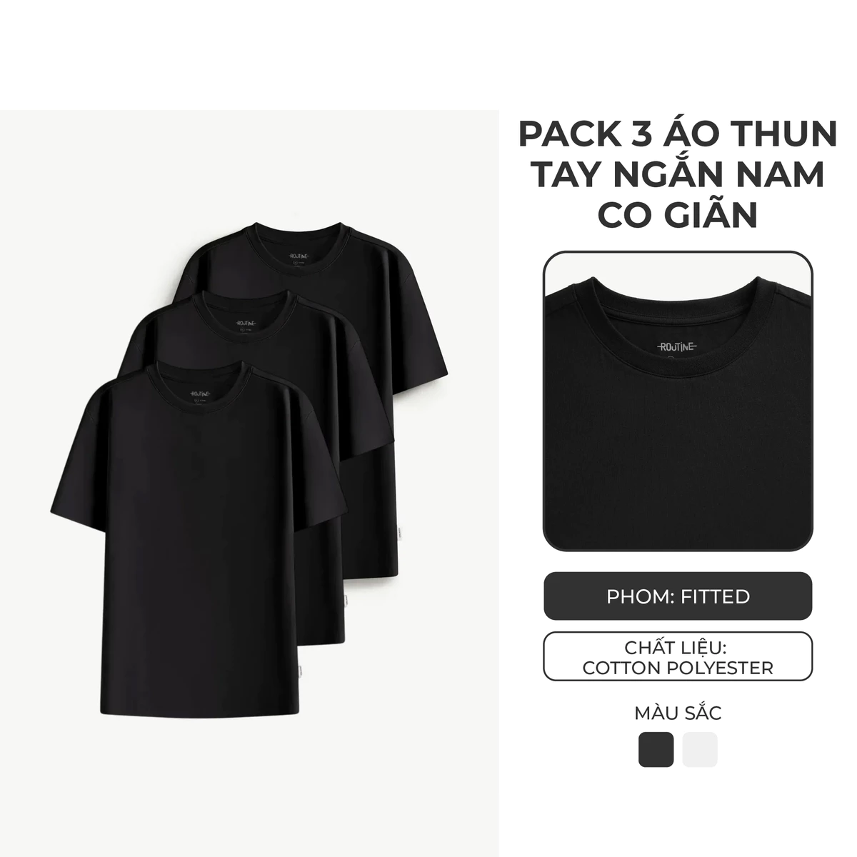 Hộp 3 Áo Thun Trơn Tay Ngắn Nam Co Giãn Form Fitted - Routine 10S25TSS103C