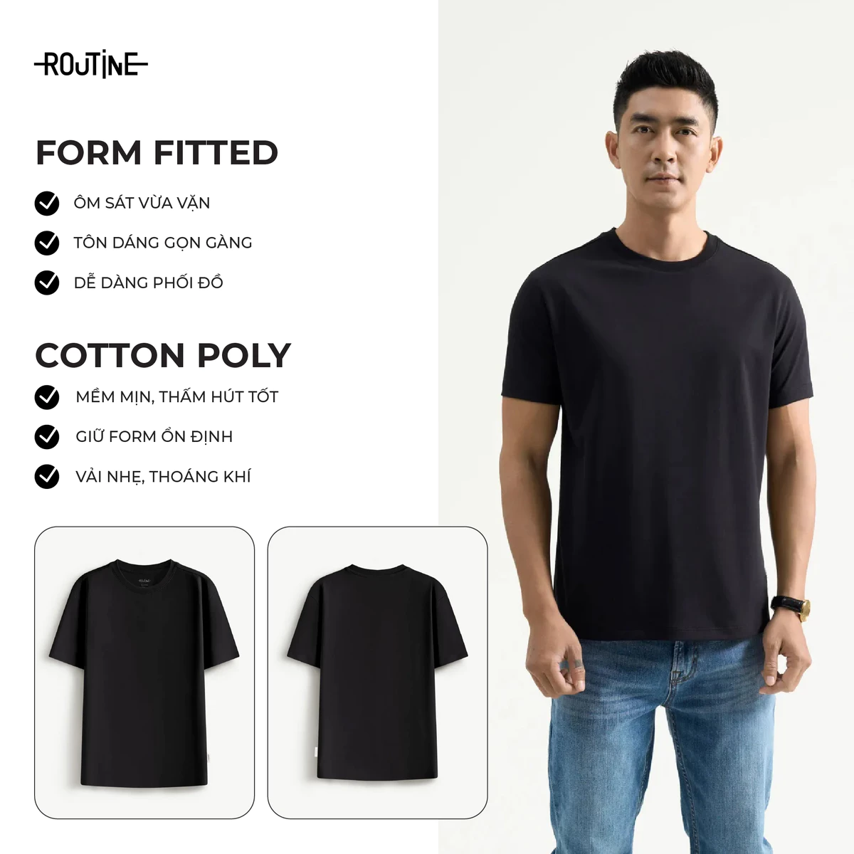 Hộp 3 Áo Thun Trơn Tay Ngắn Nam Co Giãn Form Fitted - Routine 10S25TSS103C