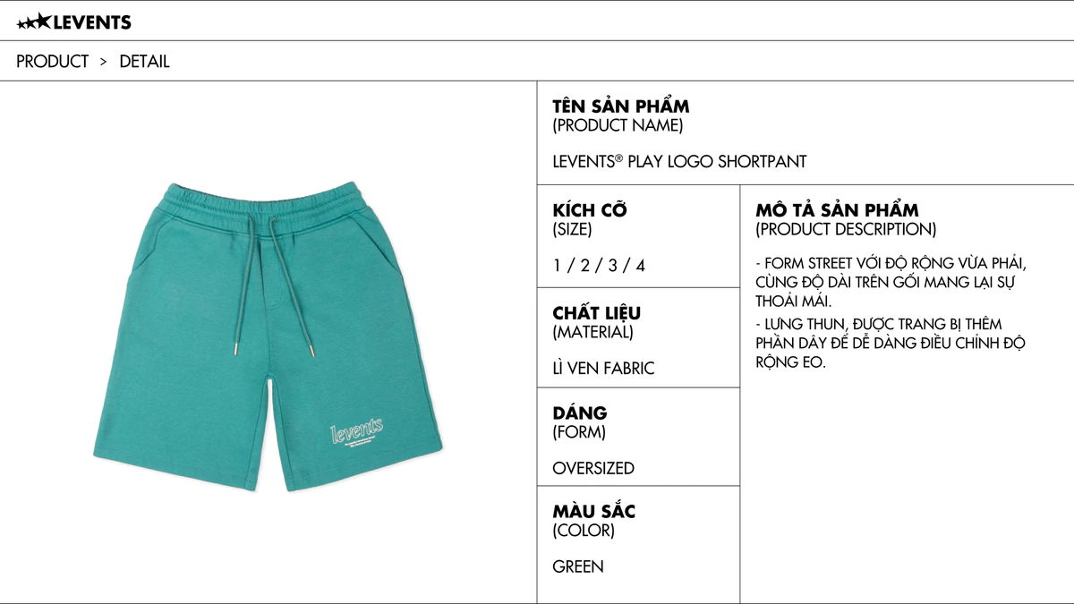 Quần Đùi Levents Play Logo/ Green Shortpants Nỉ Chân Cua