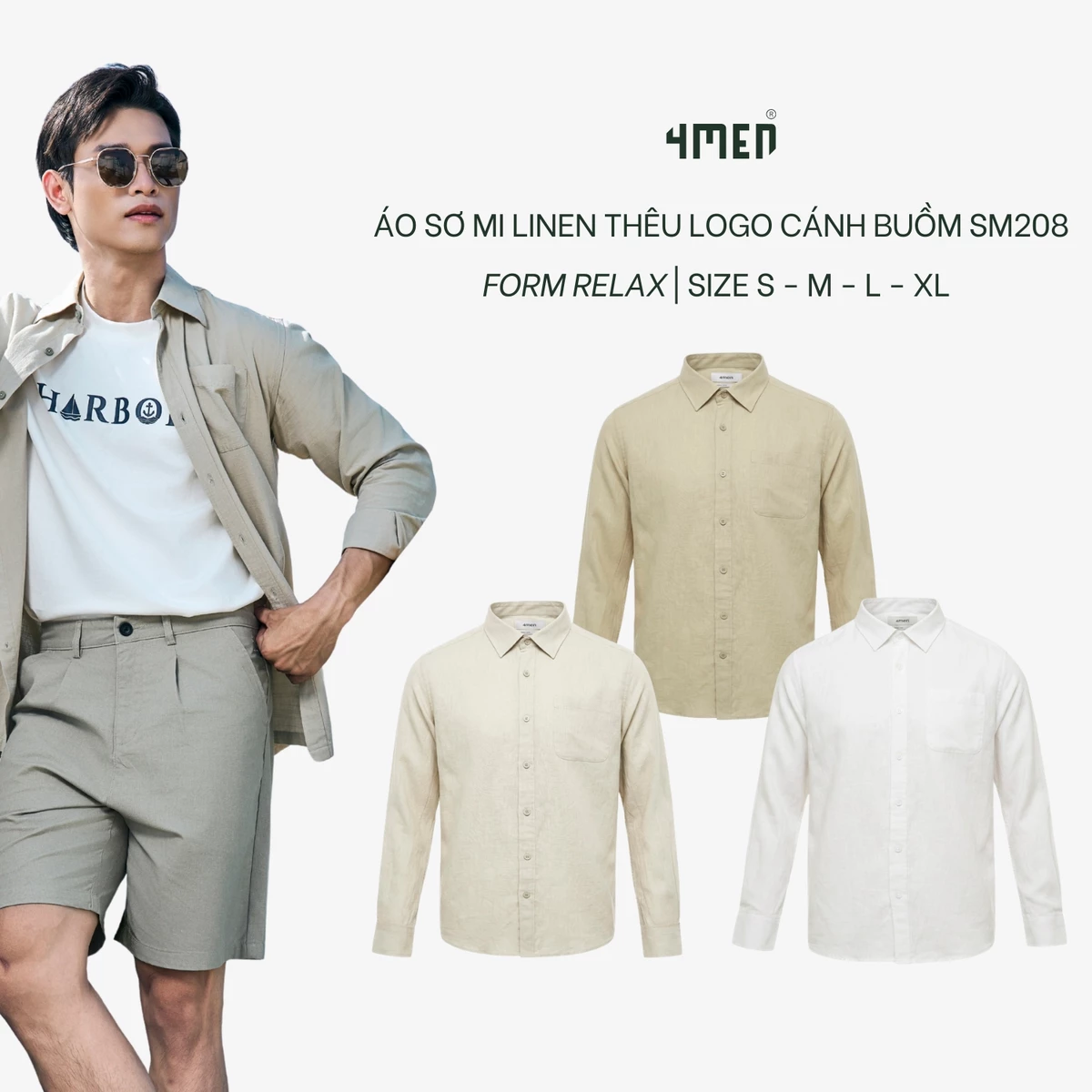 Áo Sơ Mi Linen 4MEN Thêu Logo Cánh Buồm Phía Sau SM208 Basic, Form Relaxed Công Sở, Lịch Sự