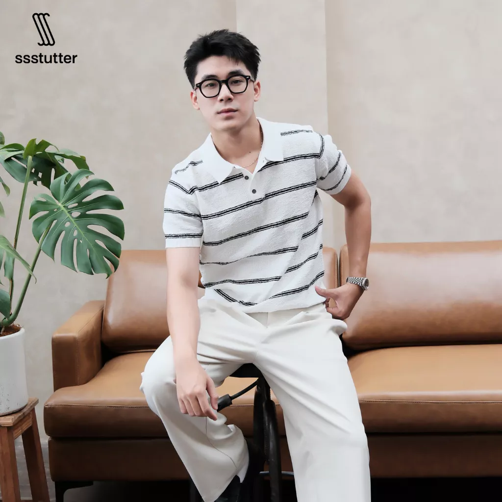 Áo Polo Nam SSSTUTTER Riviera Stripe Polo Chất Liệu Dệt Kim Mềm Mại Thoáng Mát Cao Cấp