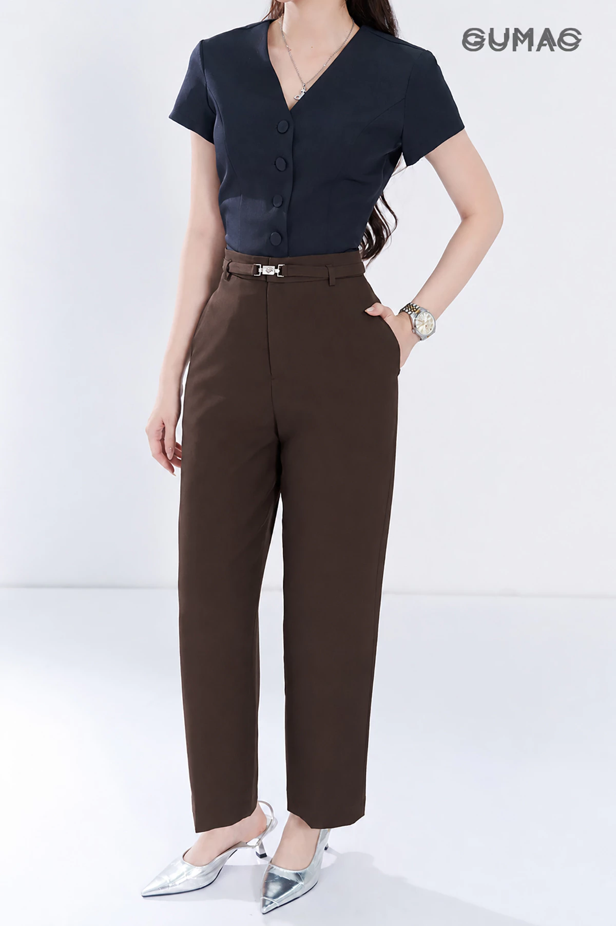 Quần Tây Nữ GUMAC Ống Đứng Phối Dây Thắt Lưng Vải Xược Ý Mềm Nhẹ Thoáng Mát QG07092