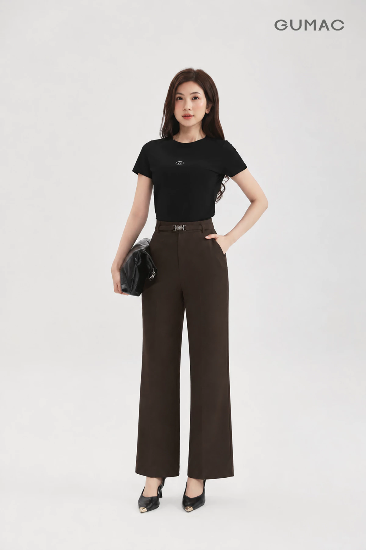 Quần Tây Nữ GUMAC Ống Đứng Phối Dây Thắt Lưng Vải Xược Ý Mềm Nhẹ Thoáng Mát QG07092