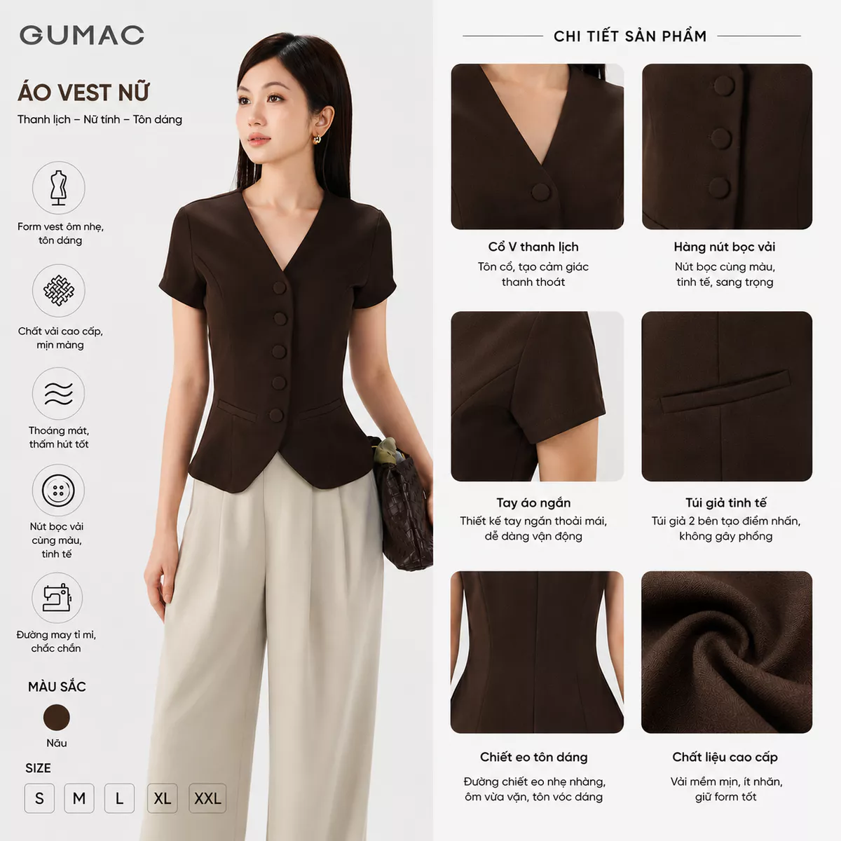 Áo Kiểu Nữ GUMAC Rã Decoup Ôm Nhẹ Tôn Dáng Đính Nút Bọc Tinh Tế Sang Trọng AF05039 - AG07098