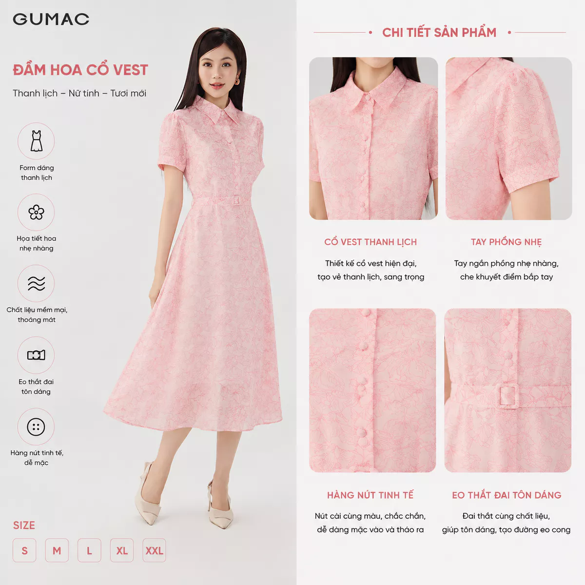 Đầm Nữ GUMAC Form A Xòe Cổ Sơ Mi Tay Ngắn Thắt Lưng Bọc Vải Thanh Lịch Phù Hợp Đi Làm Đi Chơi DG07030