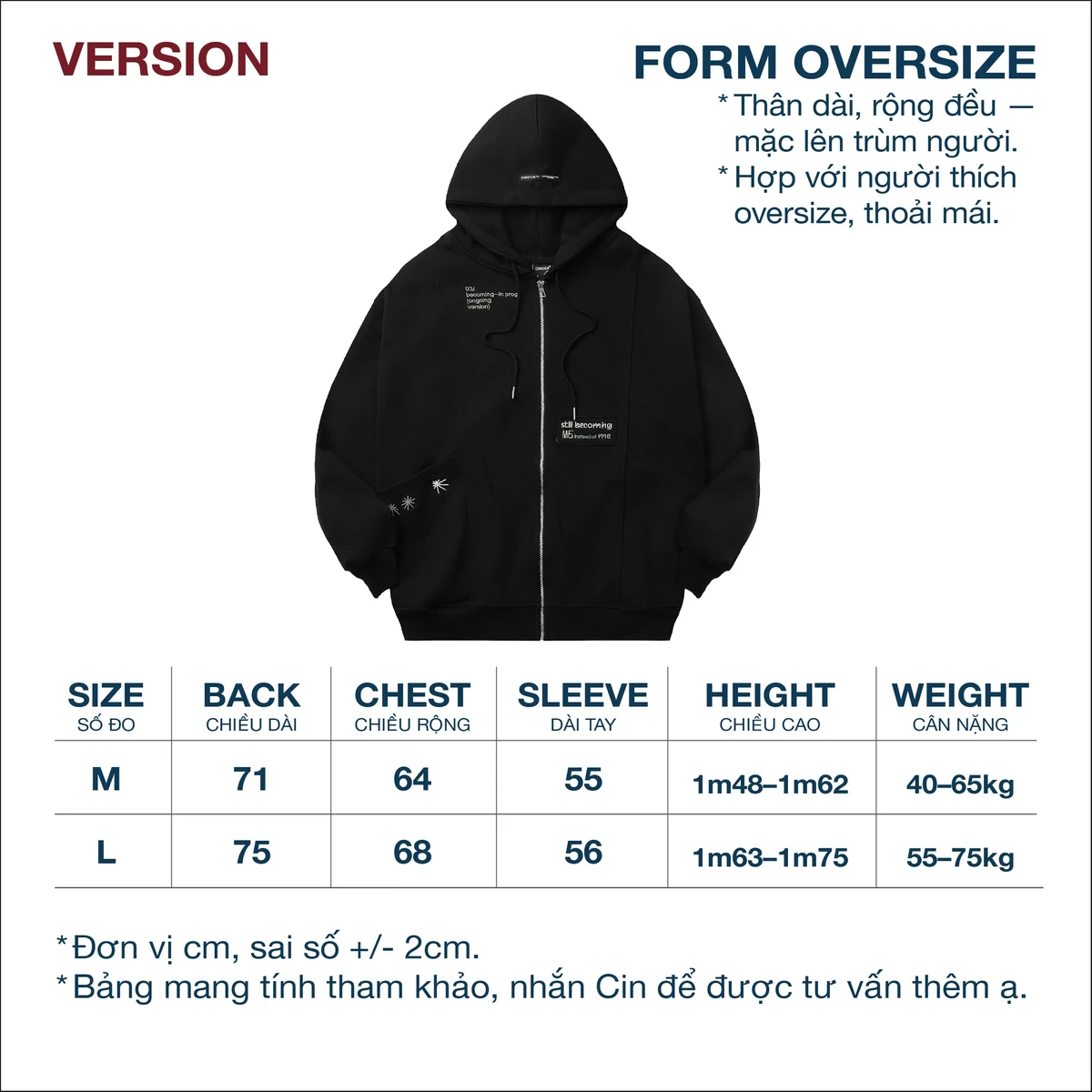 Áo Hoodie Zip VERSION Cinder Form Rộng Thêu Nổi 3D Cao Cấp, Local Brand Chính Hãng