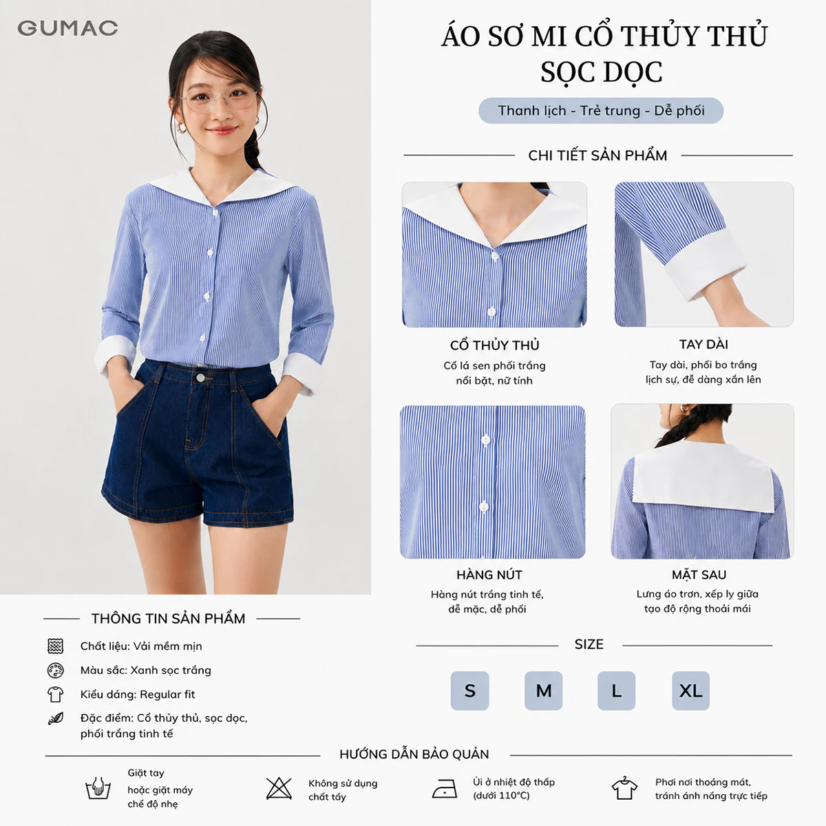 Áo Sơ Mi Nữ GUMAC Sọc Kẻ Form Suông Cổ Thủy Thủ Phối Trắng Tay Dài Măng Sét Bản To Hiện Đại LAG07050