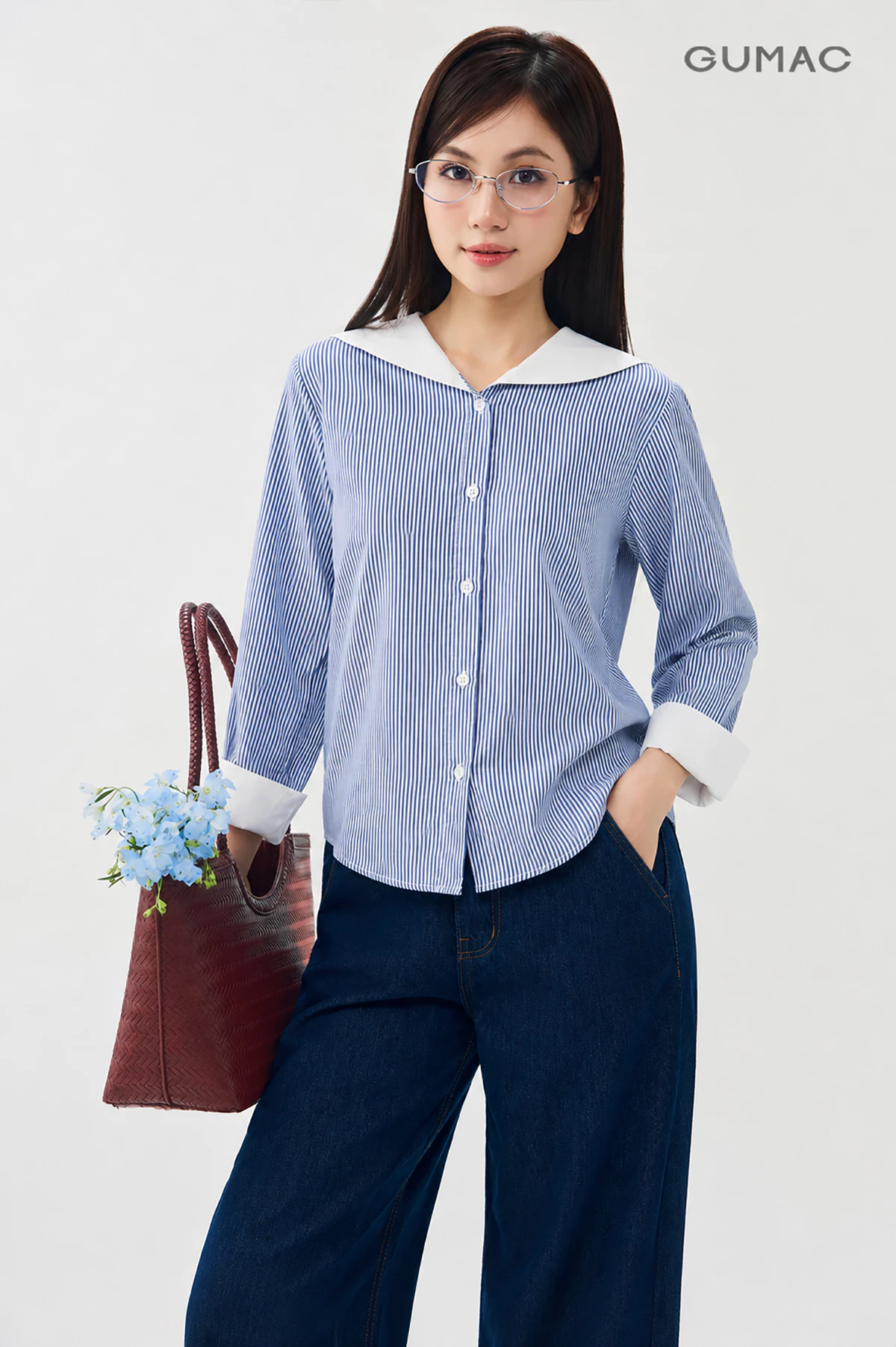 Áo Sơ Mi Nữ GUMAC Sọc Kẻ Form Suông Cổ Thủy Thủ Phối Trắng Tay Dài Măng Sét Bản To Hiện Đại LAG07050