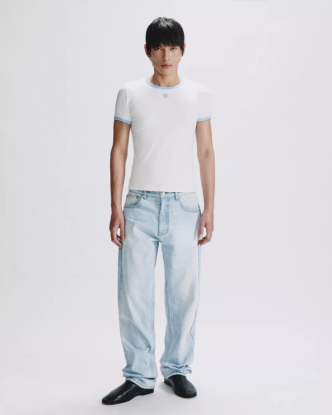 Eleven - Áo Thun Unisex Viền Tương Phản Thêu Mono | Màu Trắng Viền Xanh