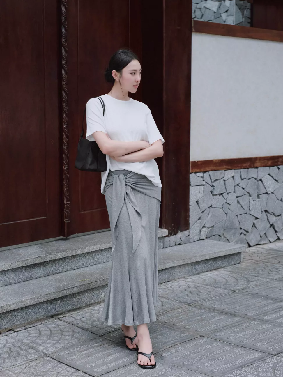 Nosbyn - Chân Váy Thun Midi Cột Nơ - Jersey Sash Skirt