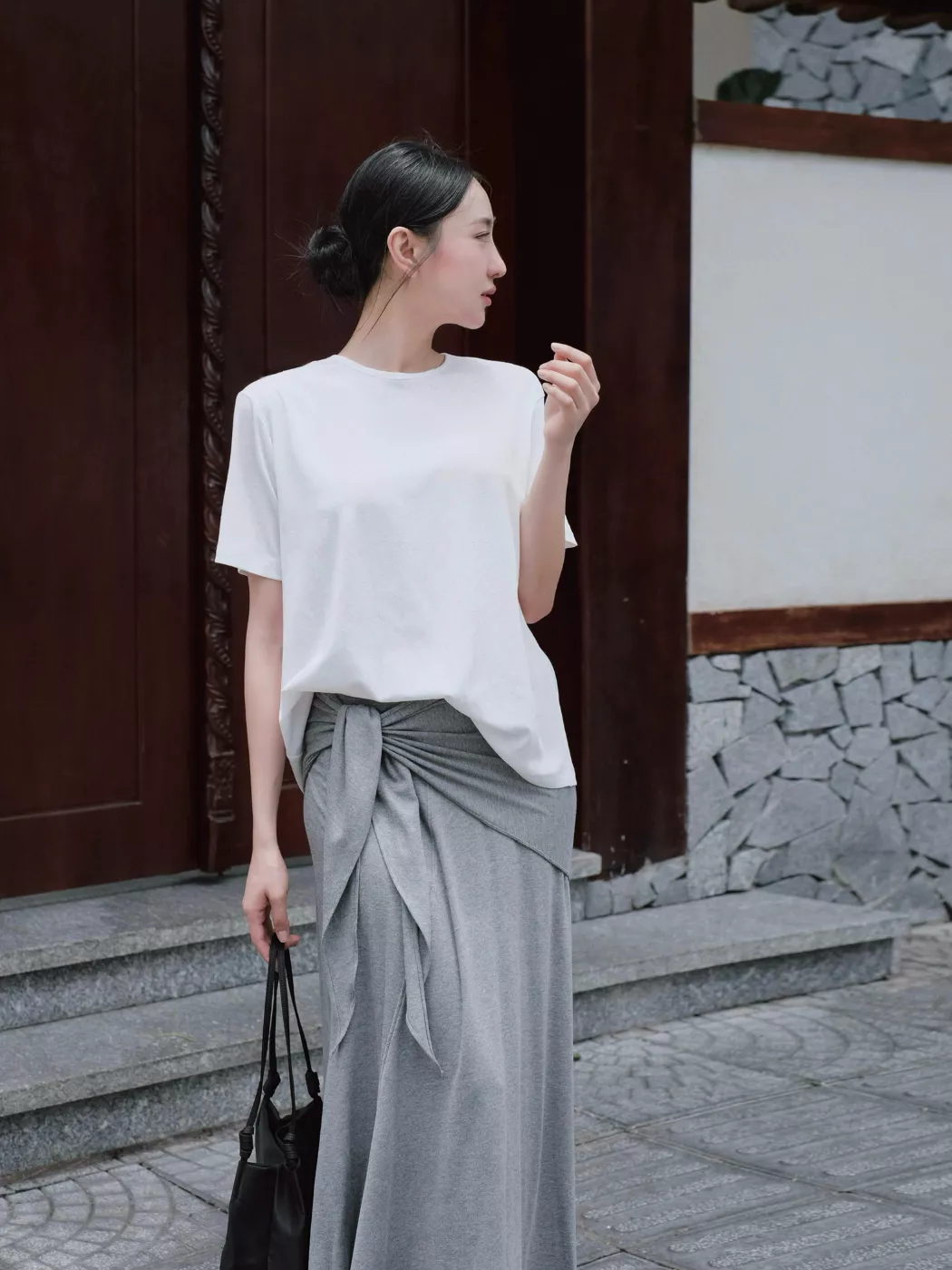 Nosbyn - Chân Váy Thun Midi Cột Nơ - Jersey Sash Skirt