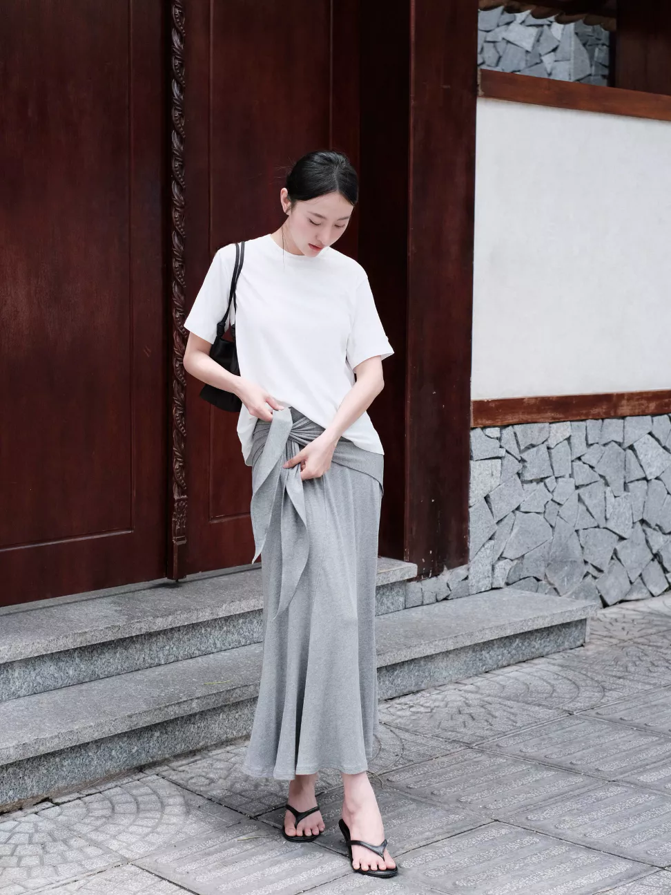 Nosbyn - Chân Váy Thun Midi Cột Nơ - Jersey Sash Skirt