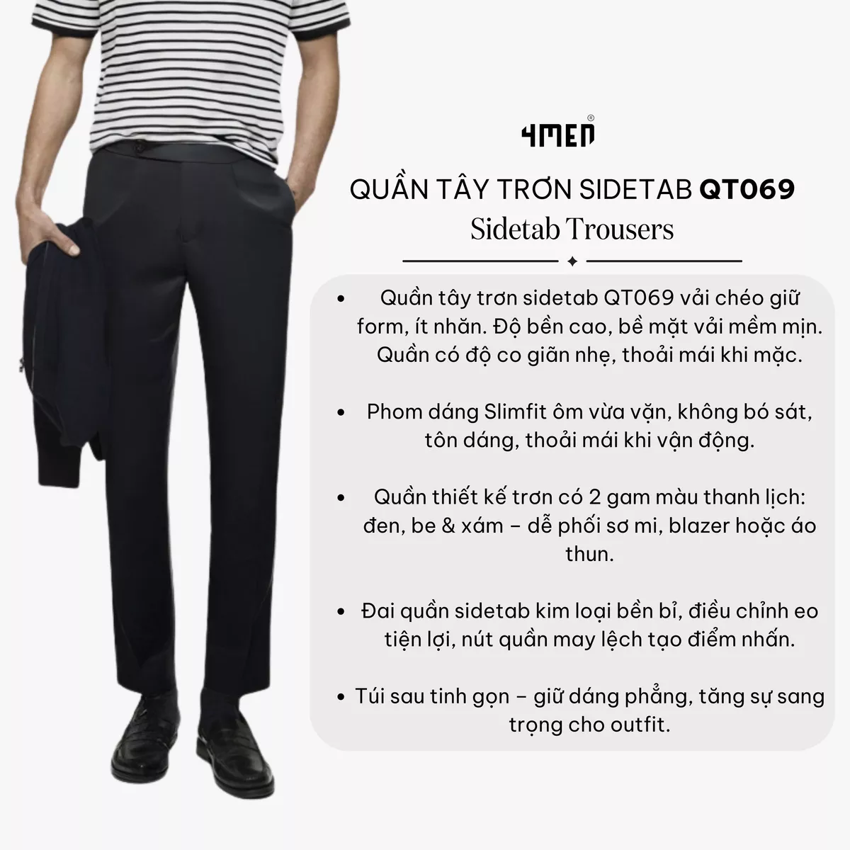 Quần Tây Nam Sidetab 2 Bên Trơn Form Slimfit 4MEN QT069 vải mềm mịn đai quần nhọn lệch bên tôn dáng, công sở trẻ trung